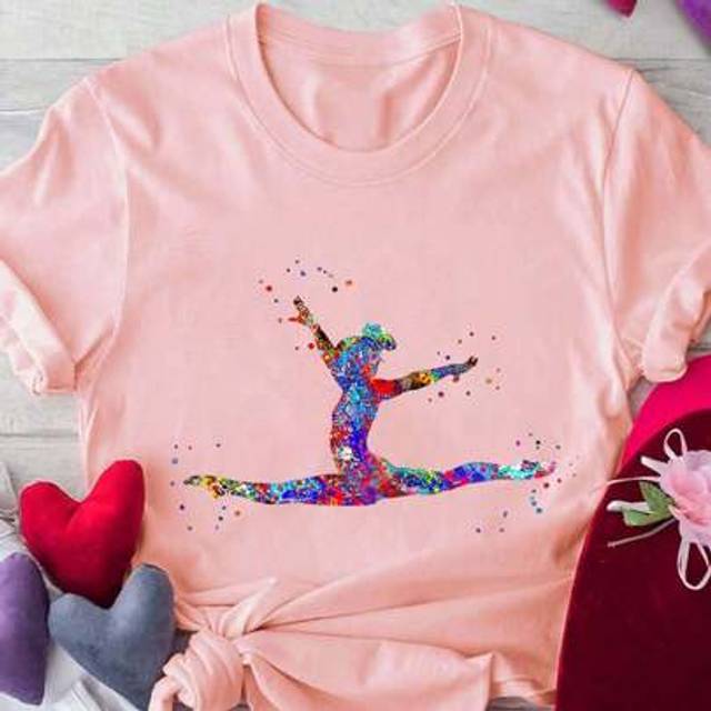 SHEIN Young Girl Cute Ballet Girl Printed Round Neck Casual T-Shirt, Summer