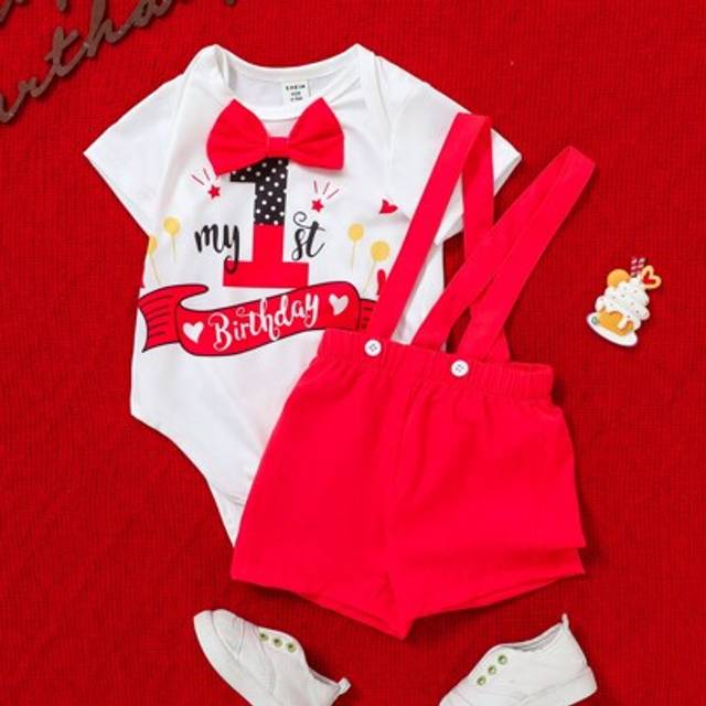 SHEIN 2pcs Baby Boys Casual Daily Gentleman School Style Cute Slogan Letter Printed 1st Birthday Romper And Shorts Set, Spring/Summer, Suitable For Photogra