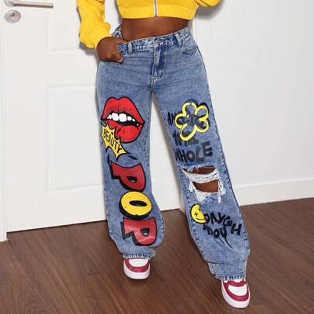 Slaydiva Women&#39;s Jeans Graffiti Straight Legs Y2k Jeans Street Fashion Denim Jeans Low Rise Baggy Jeans Women Pants, Fall Women Clothes