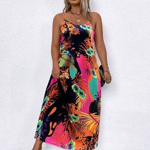 SHEIN Plus Size Summer Casual Plant Printed Strappy Dress Maxi Women Outfit