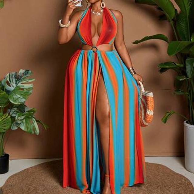 Maweii Plus Size Ladies Sexy Deep V Sleeveless Color Gradient Waist Hollowed Out Polar Boho Chic Dress, Holiday