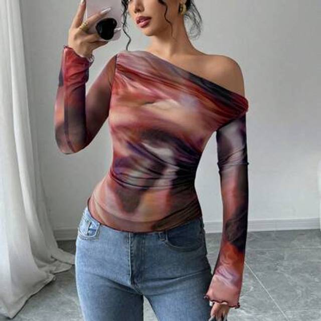 Firerie Women Off Shoulder Long Sleeve Fitted Casual T-Shirt, Minimalist Fashion For Daily Wear