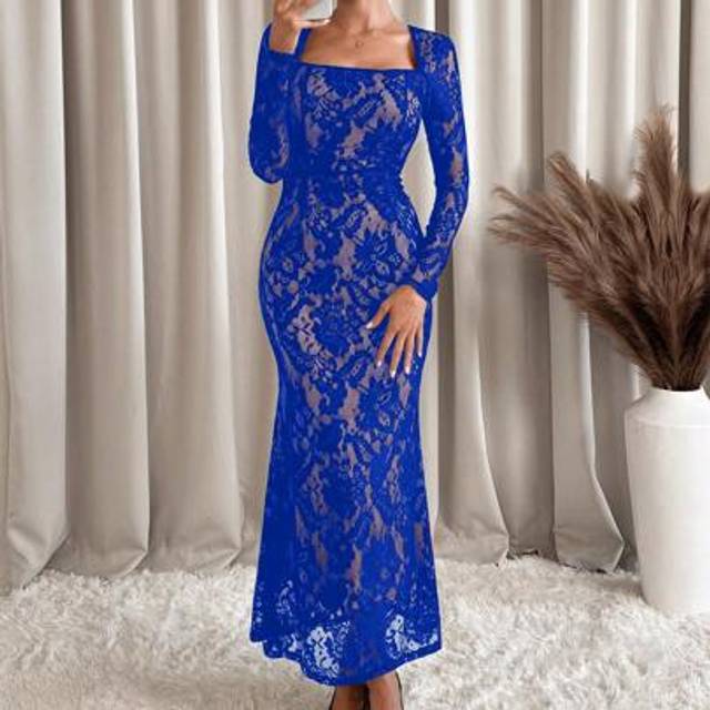 SHEIN Women&#39;s Full Lace Long Sleeve Bodycon Mini Dress, Elegant Square Neck Slim Fit Little Black Dress For Autumn/Winter, Suitable For Daily Wear, Parties,