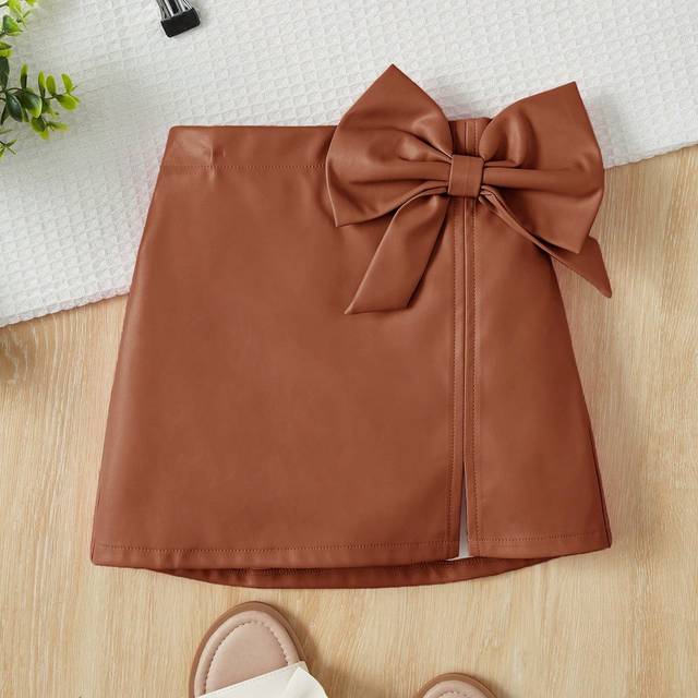 SHEIN Young Girl Plain PU Leather Bow Decor Casual Skirt, Autumn/Winter