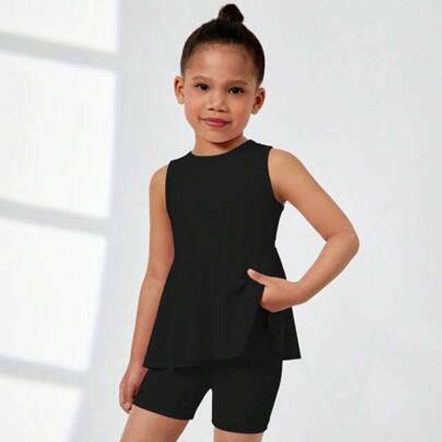 SHEIN 2pcs/Set Young Girls Solid Color Sweet Cute Casual Short Sleeve Dress And Leggings Outfit, Suitable For Daily Wear, Holidays, Vacation
