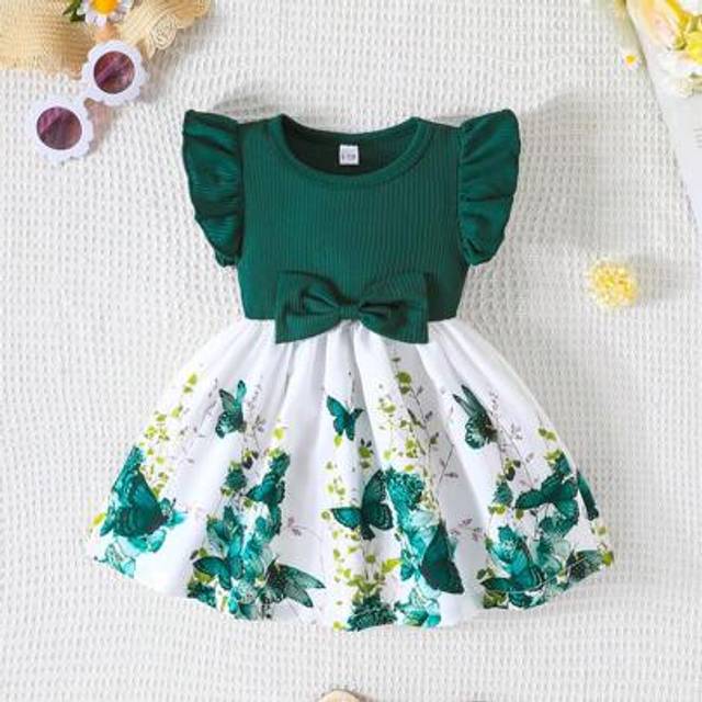 SHEIN Infant Girls Summer Cap Sleeve Patchwork Printed Dress