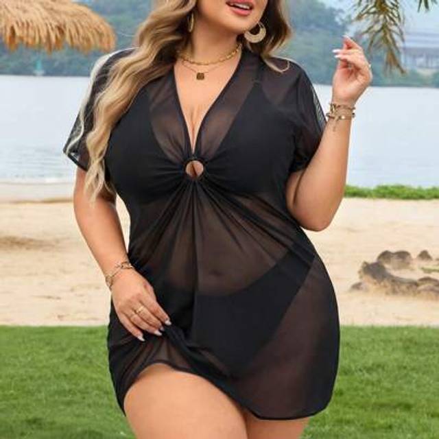 SHEIN Plus Size Women Black Short Sleeve Casual Beach Cover-Up Dress
