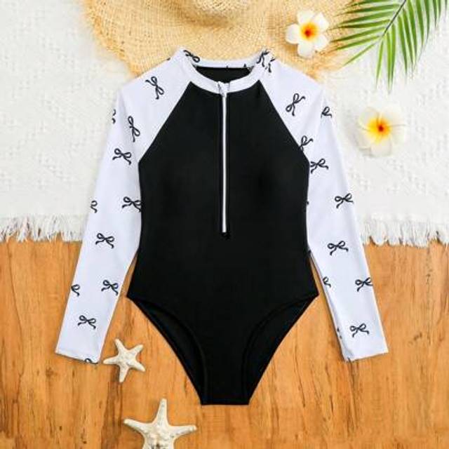 SHEIN Tween Girls Butterfly Print Patchwork Half Zip-Up One-Piece Swimsuit Kids Swimsuit Long Sleeve Long Sleeve Swim Suit Swimsuits For Teen Girls Long Sle