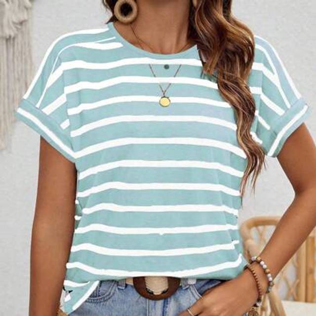 SHEIN Women&#39;s Summer Striped Printed Round Neck Short Sleeve Casual T-Shirt Graphic Tees Women Tops