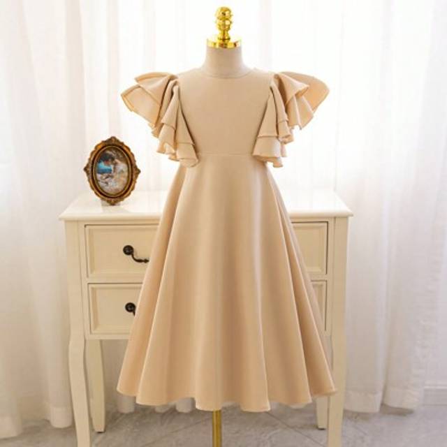 SHEIN Christmas Partywear Santa Dress, New Years Dress 4 Seasons Toddler/Little Kids Party Formal Dress, Champagne Color Multi-Layer Voluminous Cap Sleeve L