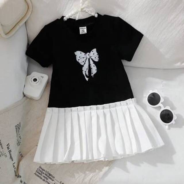 SHEIN Baby Girl 2025 Summer New Style Casual Fashion Color Block Pleated Hem Butterfly Print Short Sleeve Dress