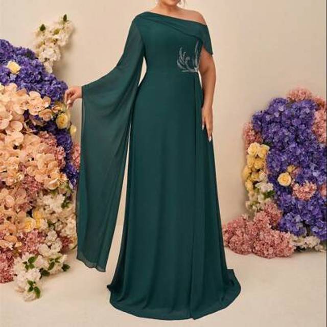 SHEIN Plus Size Elegant Minimalist Romantic Green Asymmetrical Neck Trumpet Waist A-Line Rhinestone Embellished Bridesmaid Dress