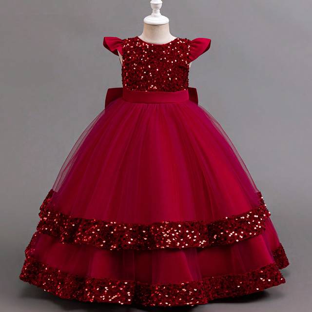 SHEIN Young Girl Christmas Party Wear Santa Dress, Sparkle & Mesh Flare Sleeve Long Dress With Deep V-Back Bow Decor, Princess Style Gown For Wedding, Birth