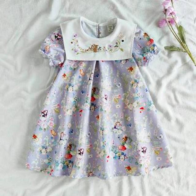 SHEIN Young Girl Embroidered Cute Bunny Short Puff Sleeve Adorable Dress