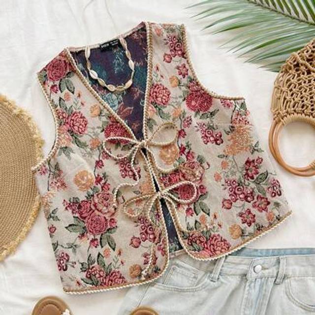 Soleia Bohemian Style Tie Front Textured Retro Floral Embroidered Print Blouse For Women, Fashionable Vacation, Music Festival Beach Outfit, For Layering
