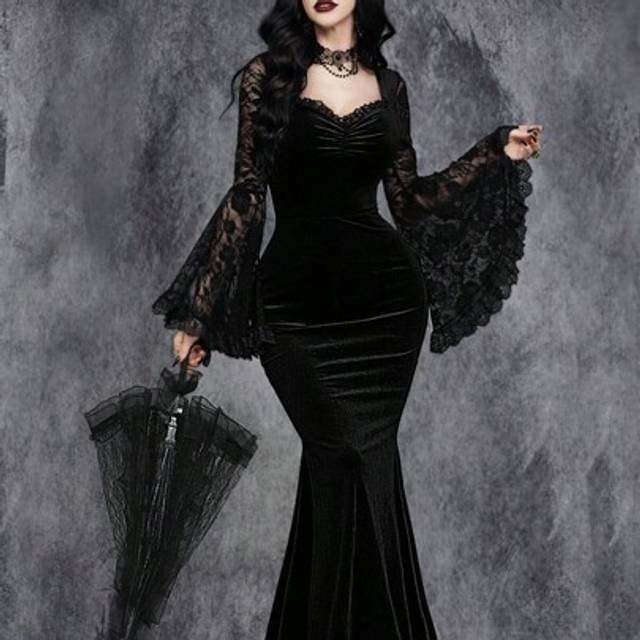SHEIN Women Gothic Sexy Halloween Sleeve Lace Patchwork Fishtail With Velvet Dress, Black Elegant Formal Evening Prom Gown, For Graduation, Dinner Party Dre