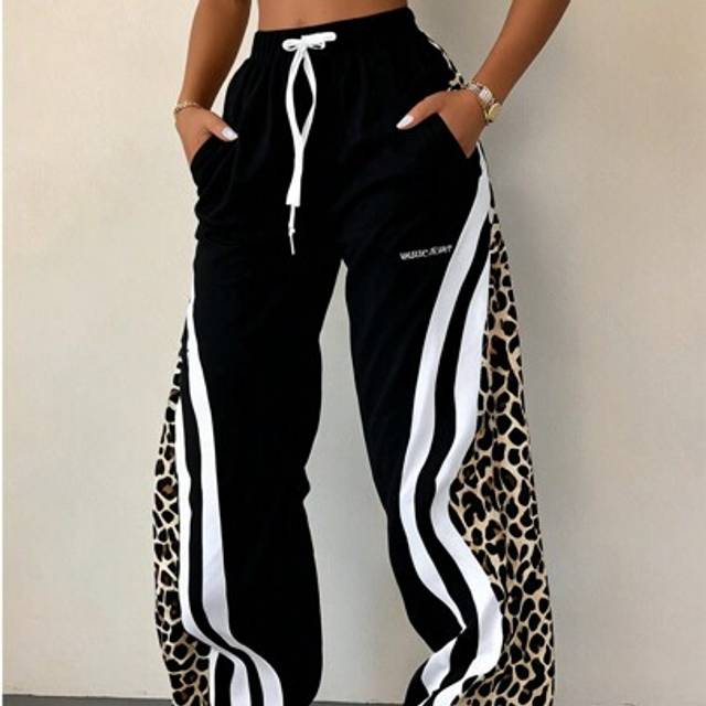 SHEIN Plus Size Women High Waist Wide Leg Straight Sweatpants With Drawstring, Casual Striped