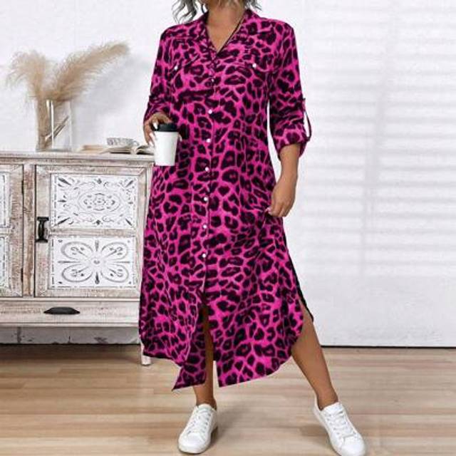 SHEIN Plus Size Front Button Long Sleeve Leopard Print Casual Long Dress Maxi Women Outfit