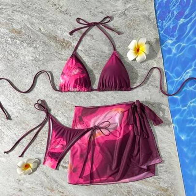 SHEIN 3pcs Ombre Tropical Floral Print Bikini Set For Women, Adjustable Bikini Straps, Tie Side Briefs, Flowy Coverup Dress For Beach & Party