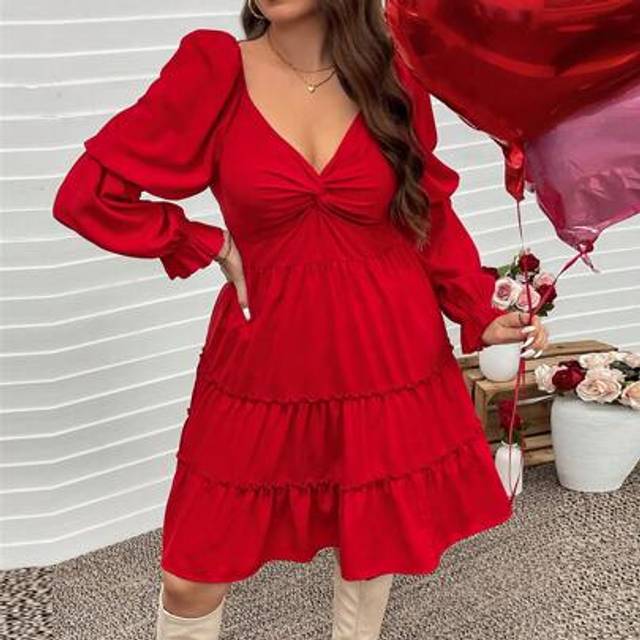 Luneh Plus Size Valentine&#39;s Day Cute Red Flirty Wraparound Ruched Babydoll Dress With Bow Neck And Lantern Sleeves, Suitable For Party And Everyday Wear, Sp