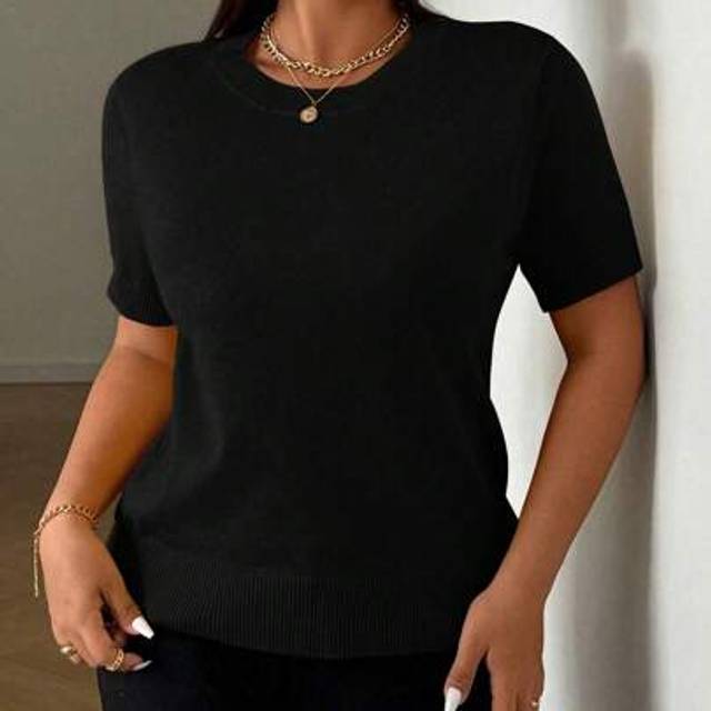 Franclia Plus Size Women Knit Short Sleeve Sweater, Round Neck, Plus Size, Slimming
