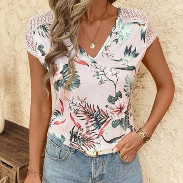 SHEIN Palm Leaf Print Lace Patchwork Casual Elegant T-Shirt