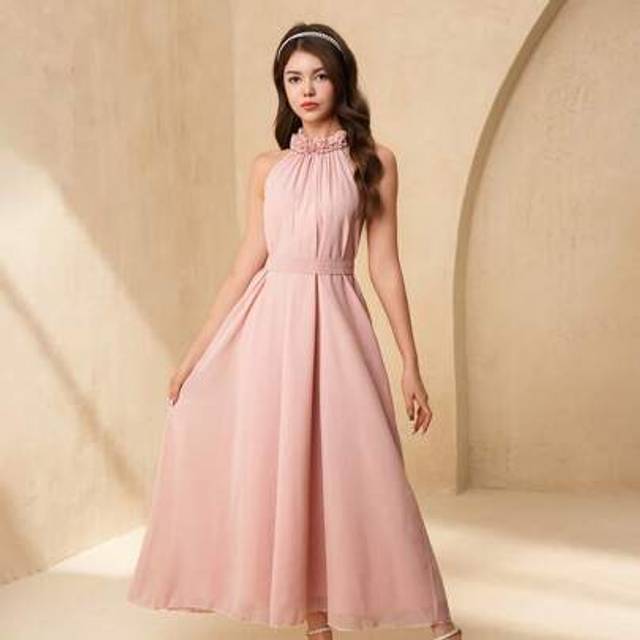 SHEIN Teenagers&#39; Round Neck Sleeveless Ruffled Elegant Wedding/Party Dress