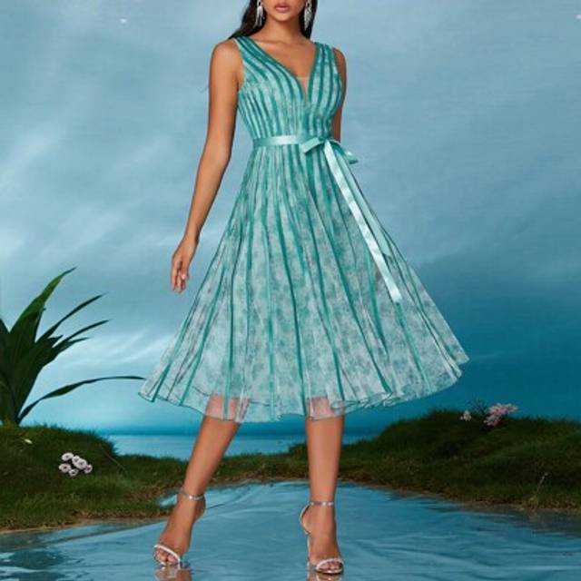 SHEIN V-Neck Printed Sheer Pleated Evening Dress Party Dress Wedding Guest Cocktail Dress