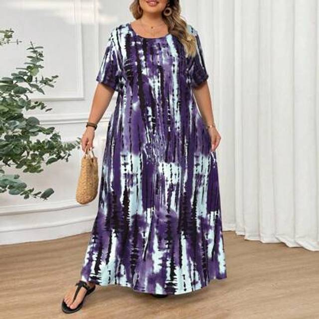 SHEIN Plus Size Casual Loose Tie-Dye Print Maxi Dress With Pockets