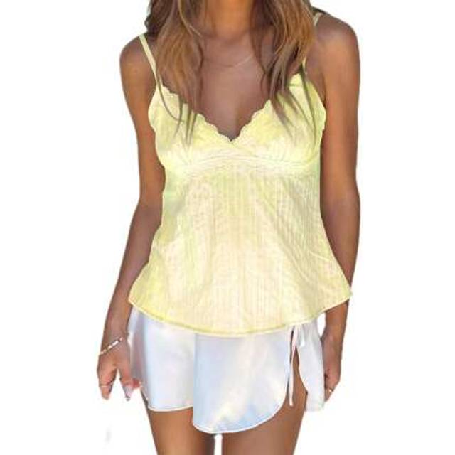 SHEIN Women&#39;s V-Neck Lace Trim Camisole Spaghetti Strap Peplum Crop Tank Tops Shirts Loose Sleeveless Ruffle Hem Vest Beachwear Party Clubwear Going Out Top