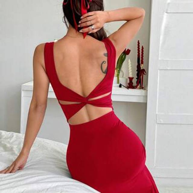 SHEIN Women&#39;s New Twist Back Open Slit Backless Red Midi Dress,Rave Outfits Festival