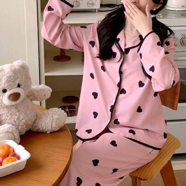 SHEIN 2pcs Teen Girl Sweet & Minimalist Heart Print Open Front Long Sleeve Top And Straight Leg Pants Lounge Pajama Set, Relaxed & Comfortable Fit Pj Sets F