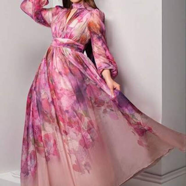SHEIN Women Plunging V-Neck Elegant Random Floral Print Full Body Allover Print Lantern Sleeve Dress