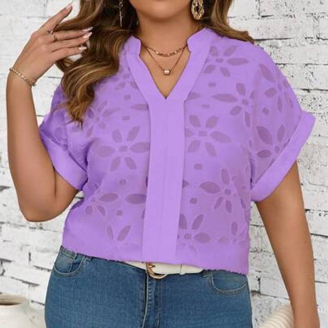 SHEIN Plus Size Women&#39;s Fall Women  Batwing Short Sleeve Laser Cutout Semi-Sheer Blouse