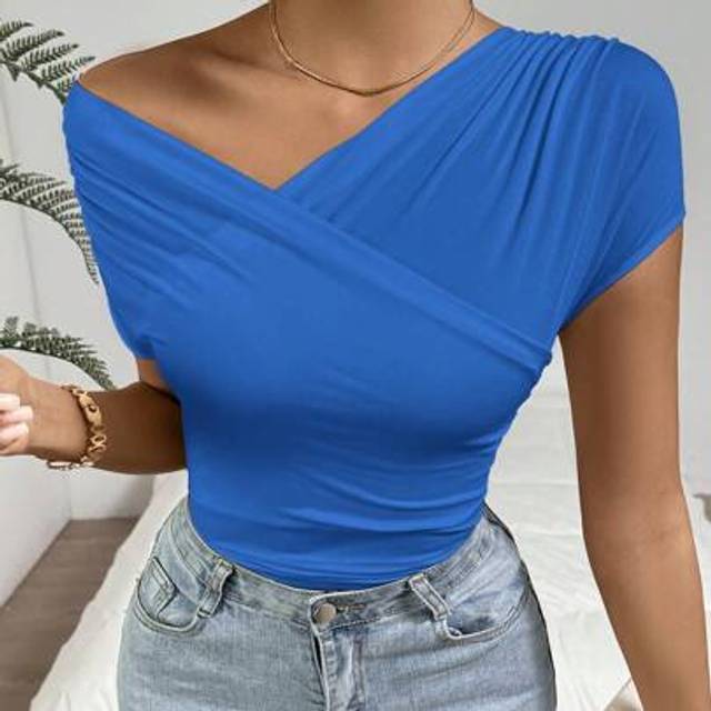 SHEIN Women&#39;s Casual Solid Color Asymmetric Ruched Wrap T-Shirt