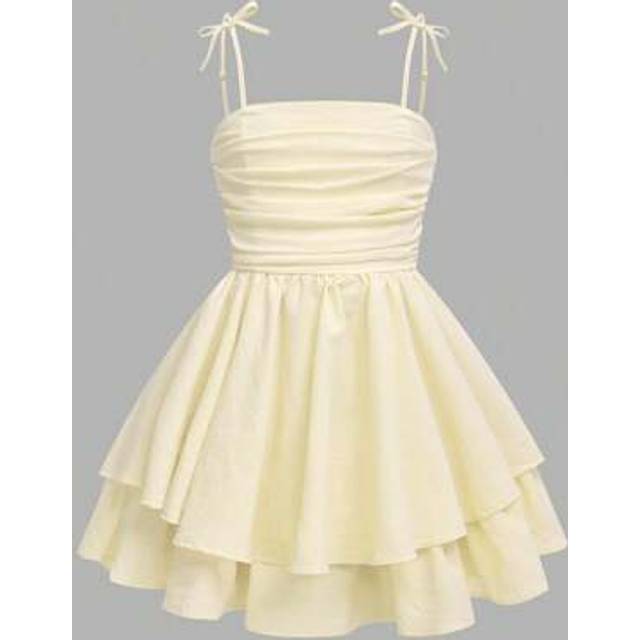 SHEIN Tween Girls&#39; Woven Solid Color Bubble Pleated Double Layer Skirt Casual Strappy French Fairy Dress ,Vacation