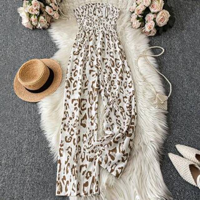 SHEIN Women&#39;s Vacation Leopard Print Bandeau Wide Leg Jumpsuit