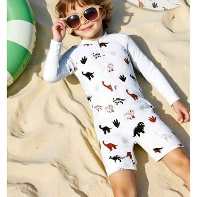 SHEIN Young Boy Cartoon Dinosaur Print Raglan Sleeve One-Piece Swimsuit With Shorts