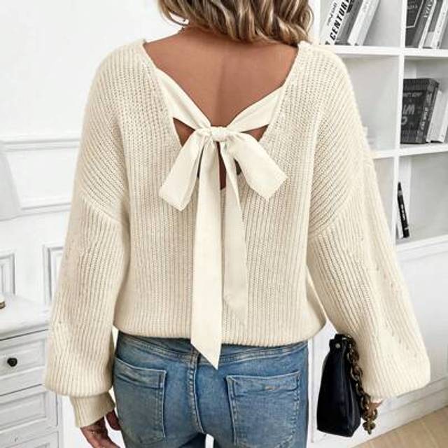 SHEIN Women Plain Simple Casual Back Lace-Up Long Sleeve Sweater  Homecoming Flannels Women Long Sweater V Neck Sweater Bow Tie On Back  Sweater Black Homec