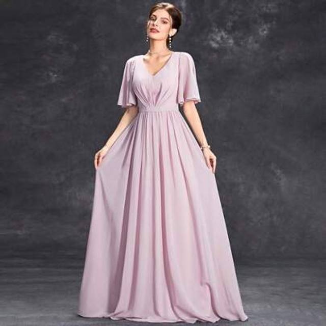 SHEIN V-Neck Short Sleeve Pleated A-Line Chiffon Bridesmaid Maxi Dress