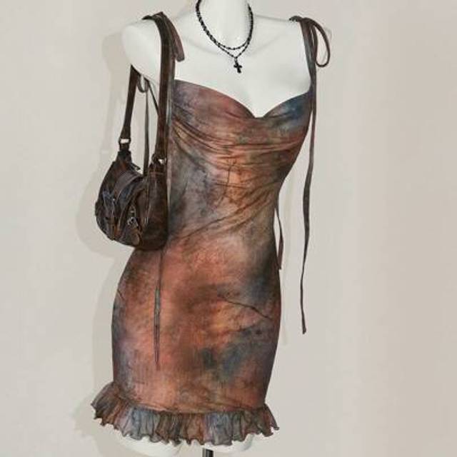 SHEIN Y2k Going Out Tie-Dye Print Sexy Concert Boho Hippie Western Summer Retro Floral Print Ruffle Hem Backless Cami Mini Dress