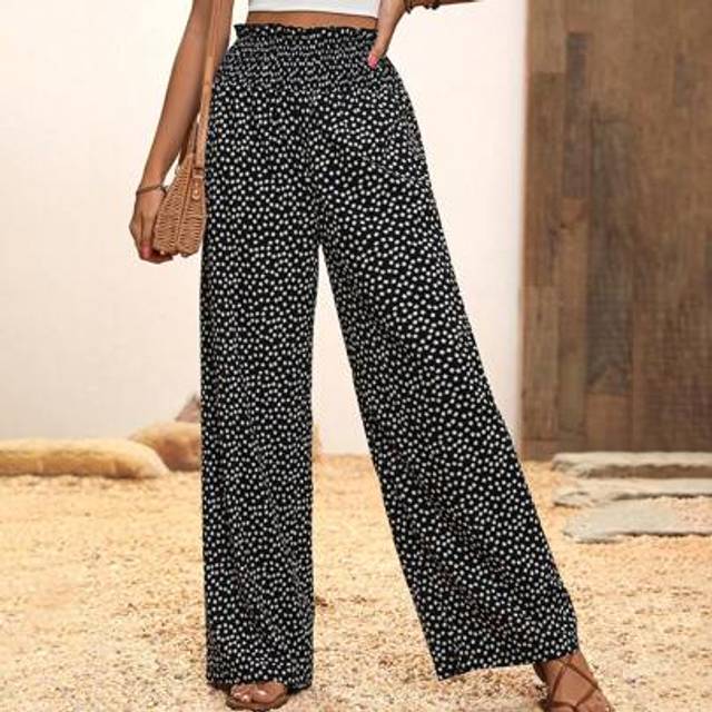 SHEIN Women Vacation Casual Black & White Ditsy Floral Linen Feel Wide Leg Pants With Ruffle Hem
