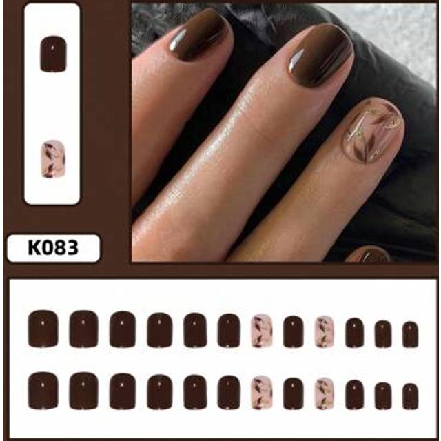 SHEIN 24pcs Glossy Short Square Press-On Nails, Brown Color With Golden Glitter Leaf Design, For Women And Girls, Autumn/Winter
