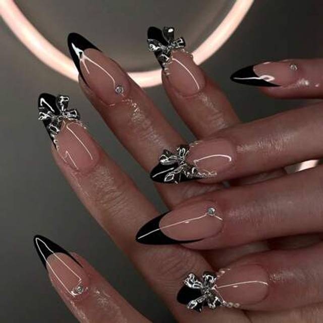 SHEIN 24pcs Long Almonds 3d Bow Decoration With Pearl Rhinestone Design Black French Acrylic Press On Nails Short Fit Perfectly Fake Nails Set, Include:1pc