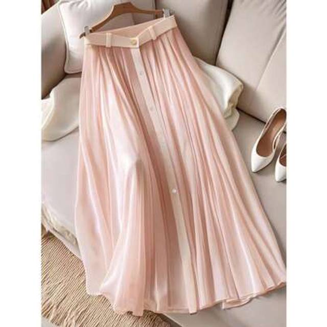 SHEIN New Solid Color Single Row Pearl Button Drape Pleated Long Skirt For Women