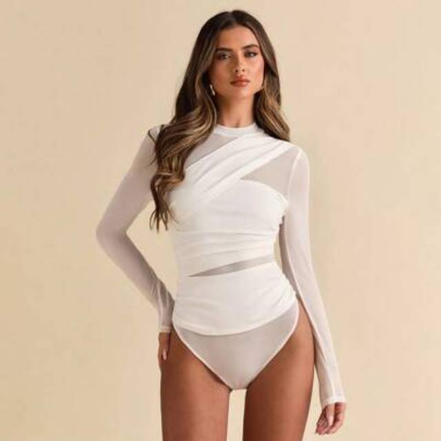 SHEIN Black Asymmetric Lace-Up Long Sleeve Sheer Bodysuit, Suitable For Cocktail Party, Romantic Date, Autumn/Winter Base Layer, Party, Halloween, Christmas