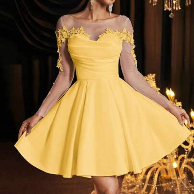 Lovelzi Elegant & Luxurious Cream Lace Embroidery Patchwork Satin Sheer Long Sleeve Ruffle Hem Dress, Suitable For Wedding, Party, Honeymoon, Ball, Bridal Sho