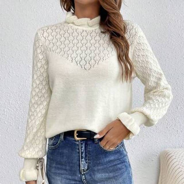 SHEIN Fall White Sweaters Women&#39;s Solid Color Ruffle Collar Long Sleeve Elegant Sweater, Autumn Winter Thanksgiving, Christmas, Valentine&#39;s Day, Classy Outf