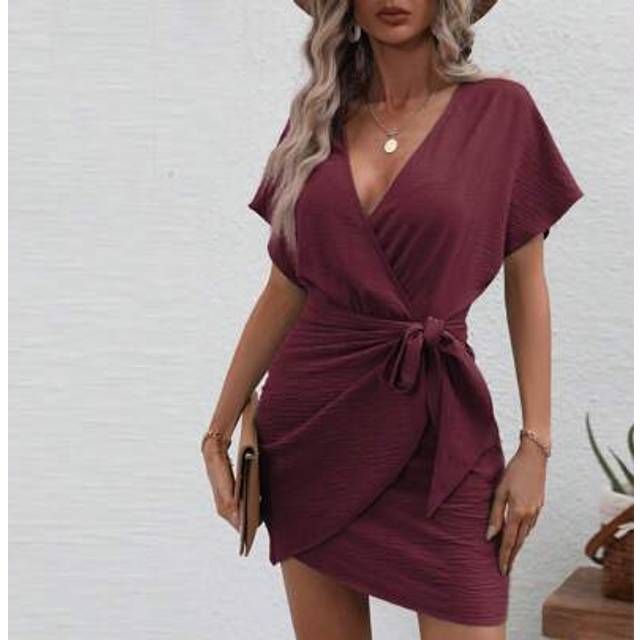 SHEIN Solid Color Cross Wrap V-Neck Tie Knot Summer Casual Midi Dress Burgundy Color Women Outfit