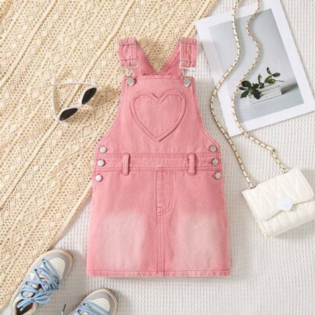 SHEIN Young Girl Denim Dungaree Dress, Pink Sleeveless Casual Fashion Dress Denim Overalls Dress For Girls Aged 4-7 Features A Vintage Wash Design For A Uni